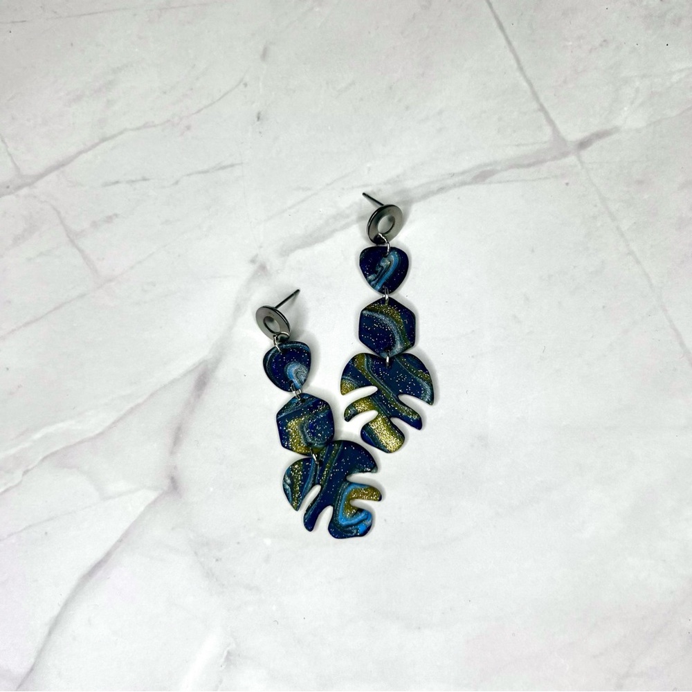 Galaxy Blue and Green Leaf Drop Earrings